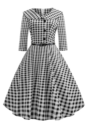 Vestido vintage de costura impresso em xadrez